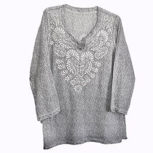Emerson Fry India Size XS Blue & White Embroidered Organic Cotton Tunic Blouse